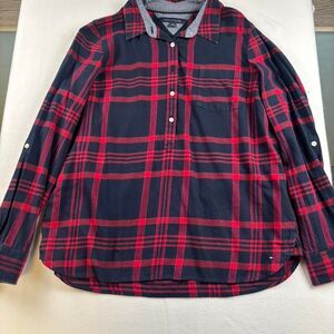 Tommy Hilfiger Red & Navy Plaid Button-Up Shirt | 100% Cotton | Women’s Large